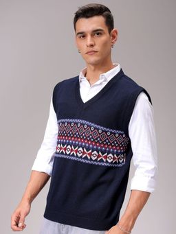 The Indian Garage Co - Men Relaxed Fit Solid Sleeveless V-Neck Sweater