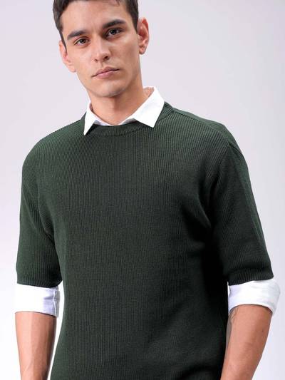 Men Green Relaxed Fit Textured Full Sleeves Sweater