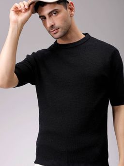The Indian Garage Co - Men Black Relaxed Fit Textured Full Sleeves Sweater