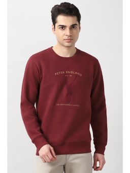 Peter England - Men Maroon Embroidered Crew Neck Sweatshirt