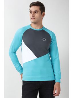 Peter England - Men Light Blue Colorblock Round Neck Sweatshirt