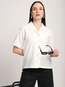 R&B - Women Ivory Polyester Self Design Shirt