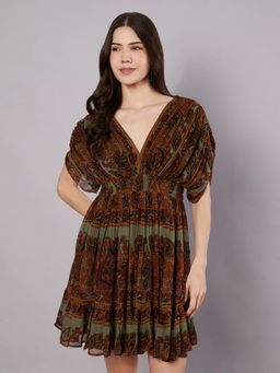 AMAGYAA - Women Green Georgette Abstract Mini Dress