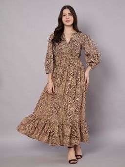 AMAGYAA - Women Brown Cotton Animal Print Maxi Dress