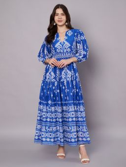AMAGYAA - Women Blue Cotton Geometric Maxi Dress