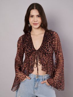 AMAGYAA - Women Brown Chiffon Animal Print Top