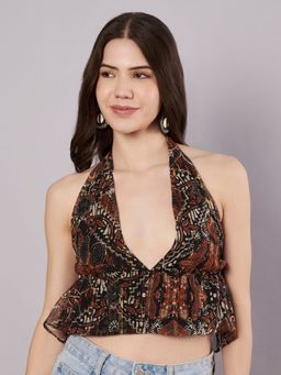 AMAGYAA - Women Brown Lurex Abstract Crop Top