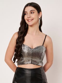 AMAGYAA - Women Black Polyester Embellished Blouse Top