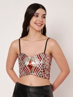 AMAGYAA - Women Red Polyester Embellished Blouse Top