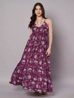 AMAGYAA - Women Purple Cotton Floral Maxi Dress