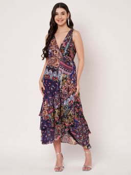 AMAGYAA - Women Navy Blue Lurex Printed Maxi Dress