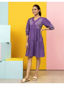 STUDIO MISRI - Women Purple Viscose Embroidered Knee Length Dress