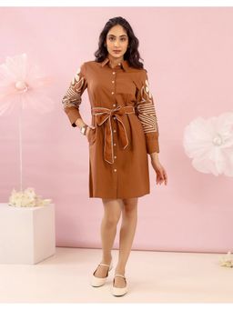 STUDIO MISRI - Women Brown Cotton Embroidered Mini Dress with Belt