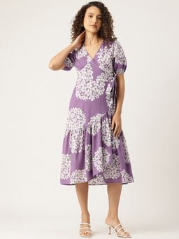 STUDIO MISRI - Women Purple Cotton Flex Floral Midi Dress