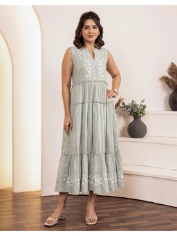 STUDIO MISRI - Women Green Cotton Embroidered Midi Dress
