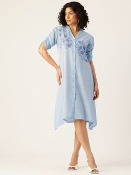 STUDIO MISRI - Women Blue Cotton Slub Embroidered Knee Length Dress