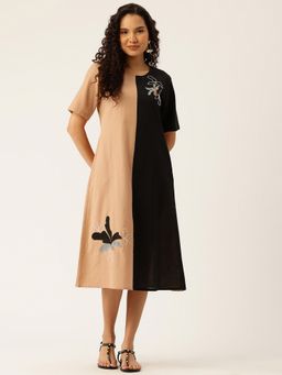 STUDIO MISRI - Women Beige Cotton Flex Embroidered Midi Dress