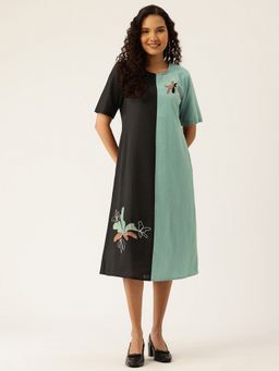 STUDIO MISRI - Women Blue Cotton Flex Embroidered Midi Dress