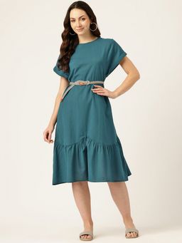 STUDIO MISRI - Women Teal Cotton Flex Solid Knee Length Dress