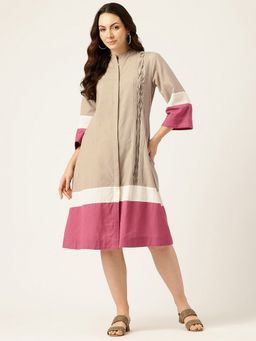 STUDIO MISRI - Women Beige Cotton Flex Colorblock Knee Length Dress