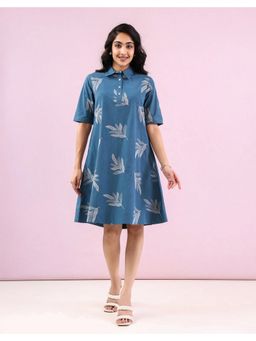 STUDIO MISRI - Women Teal Cotton Embroidered Knee Length Dress