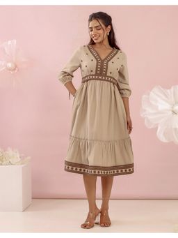 STUDIO MISRI - Women Beige Cotton Flex Embroidered Midi Dress