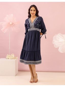 STUDIO MISRI - Women Blue Cotton Flex Embroidered Midi Dress