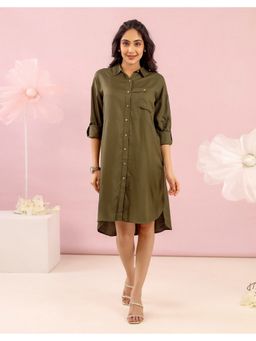 STUDIO MISRI - Women Green Rayon Solid Knee Length Dress