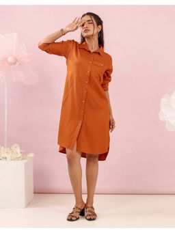 STUDIO MISRI - Women Rust Rayon Solid Knee Length Dress