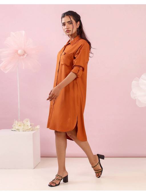 rayon knee length dresses Buy STUDIO MISRI Women Rust Solid Dress (S) Online milimilu