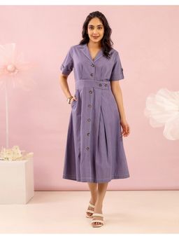 STUDIO MISRI - Women Blue Cotton Solid Midi Dress
