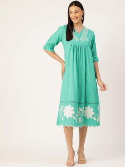 STUDIO MISRI - Women Green Cotton Slub Embroidered Midi Dress