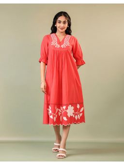 STUDIO MISRI - Women Red Cotton Slub Embroidered Midi Dress