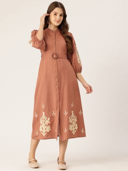 STUDIO MISRI - Women Brown Rayon Embroidered Midi Dress