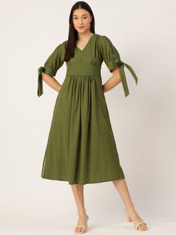 STUDIO MISRI - Women Olive Cotton Textured Midi Dress