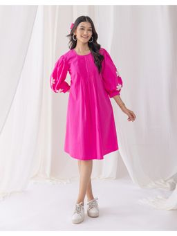 STUDIO MISRI - Women Pink Cotton Embroidered Knee Length Dress