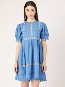STUDIO MISRI - Women Blue Cotton Embroidered Mini Dress