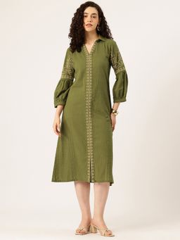STUDIO MISRI - Women Green Cotton Embroidered Midi Dress