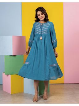 STUDIO MISRI - Women Blue Cotton Embroidered Midi Dress