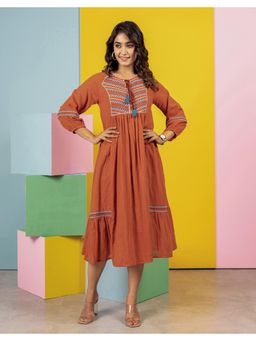 STUDIO MISRI - Women Rust Cotton Embroidered Midi Dress