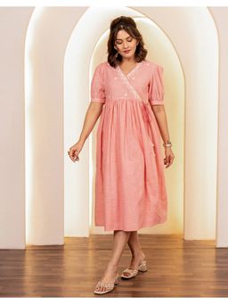 STUDIO MISRI - Women Pink Cotton Slub Embroidered Midi Dress