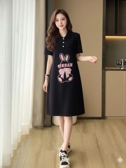 Trenbee - Women Black Blended Graphic Knee Length Dress