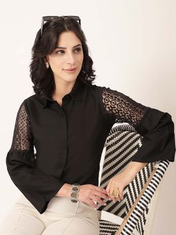 Style Quotient - Women's Solid Black Lace Fabric Shirt