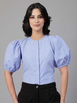 Style Quotient - Women's Blue Stripe Polycotton Formal Top