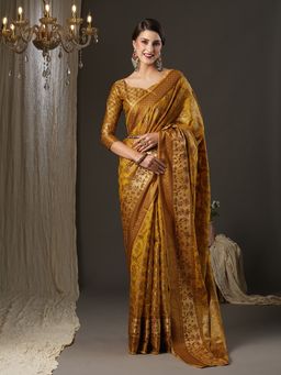 Akhilam - Womens Silk Blend Mustard Woven Design Designer Saree with Unstitched Blouse