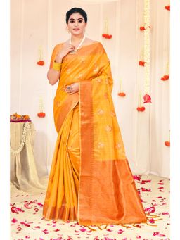 Sangam Prints - Yellow Organza Woven Zari Work Traditional Tassel Saree with Unstitched Blouse