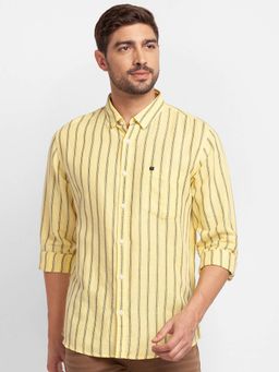 Spykar - Butter Yellow Cotton Full Sleeve Stripes Shirt for Men
