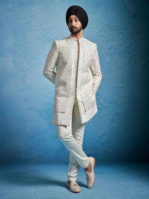 Vastramay Men Silk Blend Embroidered Sequined Indo Western Sherwani with Pyjama (Set of 2)