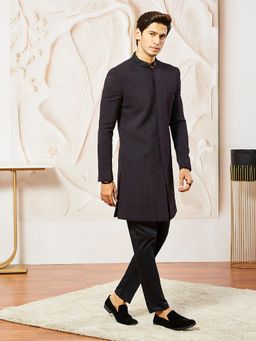 Vastramay - Mens Silk Blend Emboss Fabric Sherwani with Pant (Set of 2)