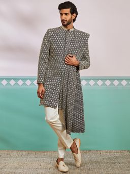 Vastramay - Black Men's Rayon Embroidered Sherwani And Pant Style Pyjama With Dupatta (Set of 3)